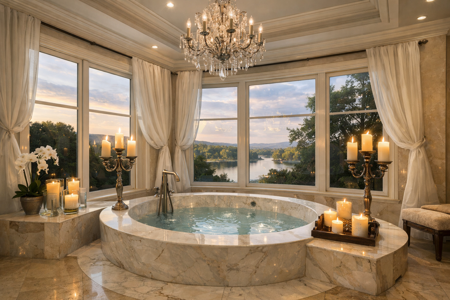 Luxury Bathroom with Large Tub and Windows