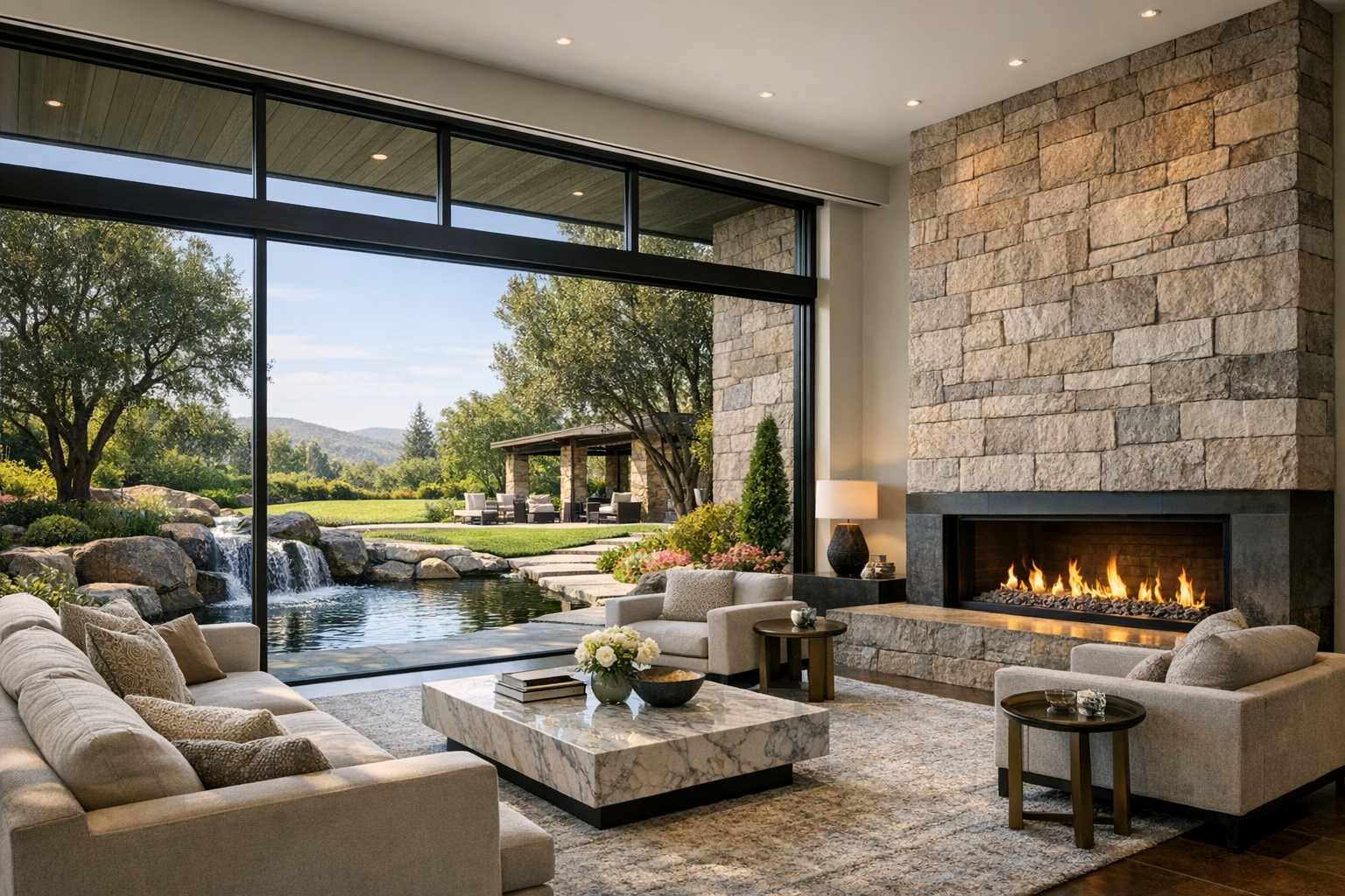 Luxury Living Room with Floor to Ceiling Windows and Landscaping Fireplace