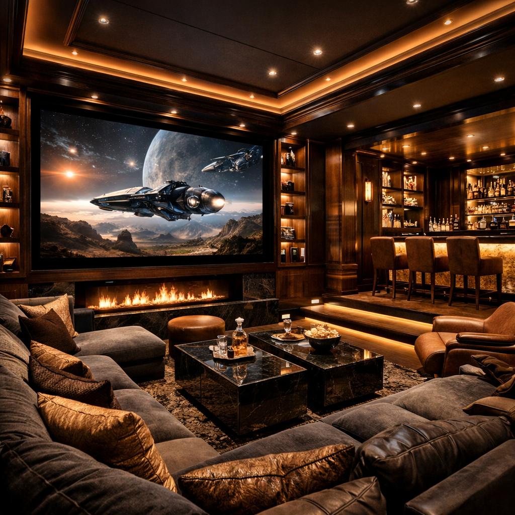 Luxury Media Room with Modern Design and Soft Lighting