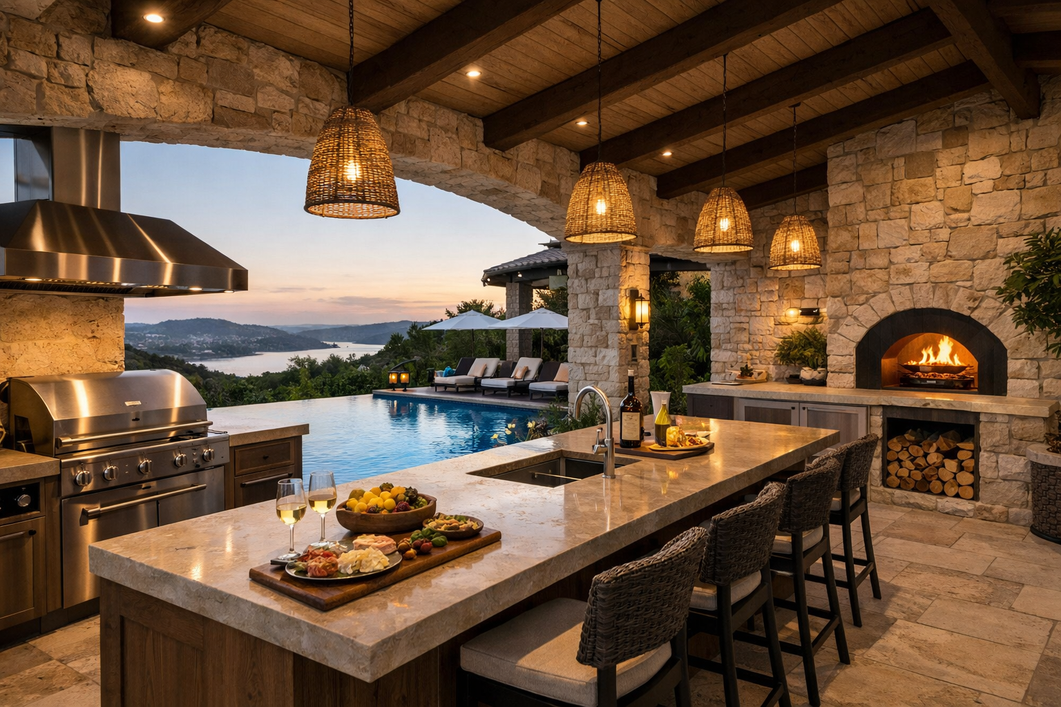 Luxury Outdoor Kitchen Overlooking Pool