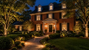 Brick colonial home at night with landscape lighting and a lit front porch, for a military PCS move guide in Arlington, VA and the DC area