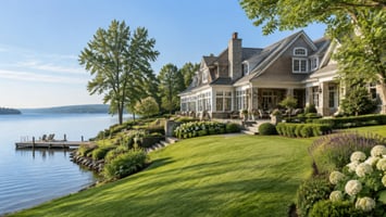 Elegant lakefront home with a landscaped lawn sloping to the water, for a guide to relocating to Columbia, MD and the DC area