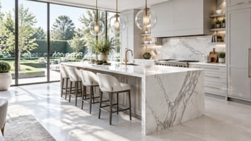 Bright modern kitchen with floor-to-ceiling windows overlooking a landscaped garden, for a guide to selling a Bethesda, MD home from out of state